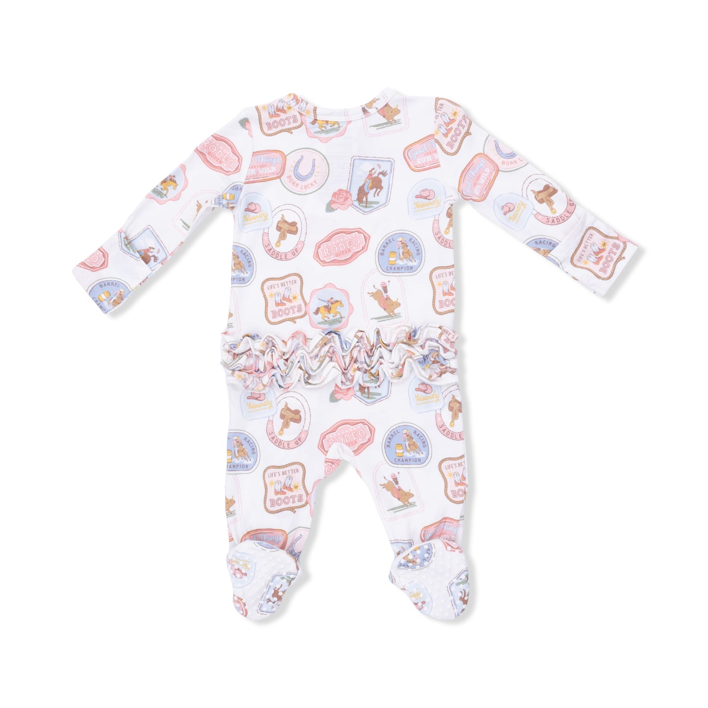 Rodeo Patches Pink - 2 Way Ruffle Back Zipper Footie