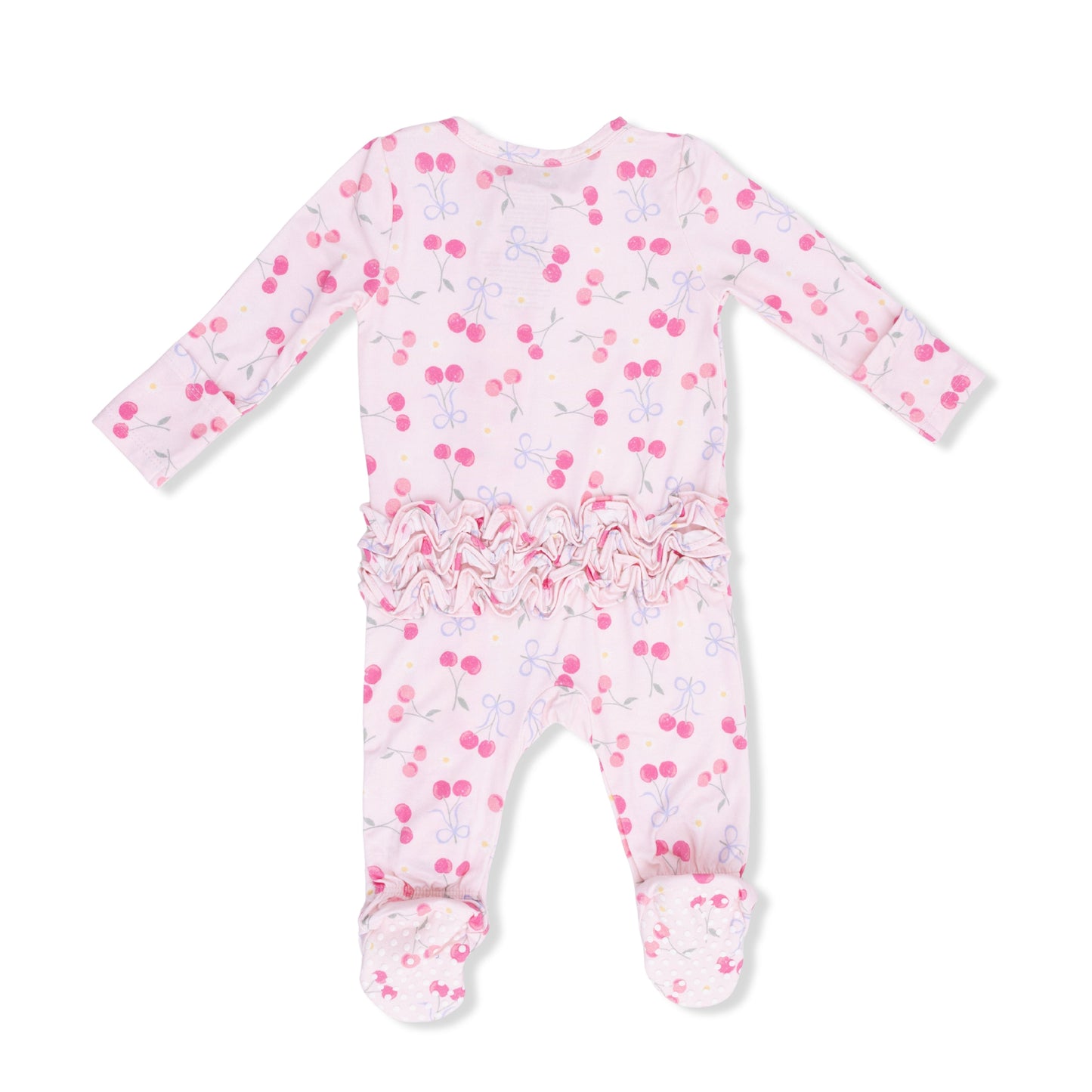 Sweet Bow Cherries - 2 Way Ruffle Back Zipper Footie & Swaddle Blanket Set