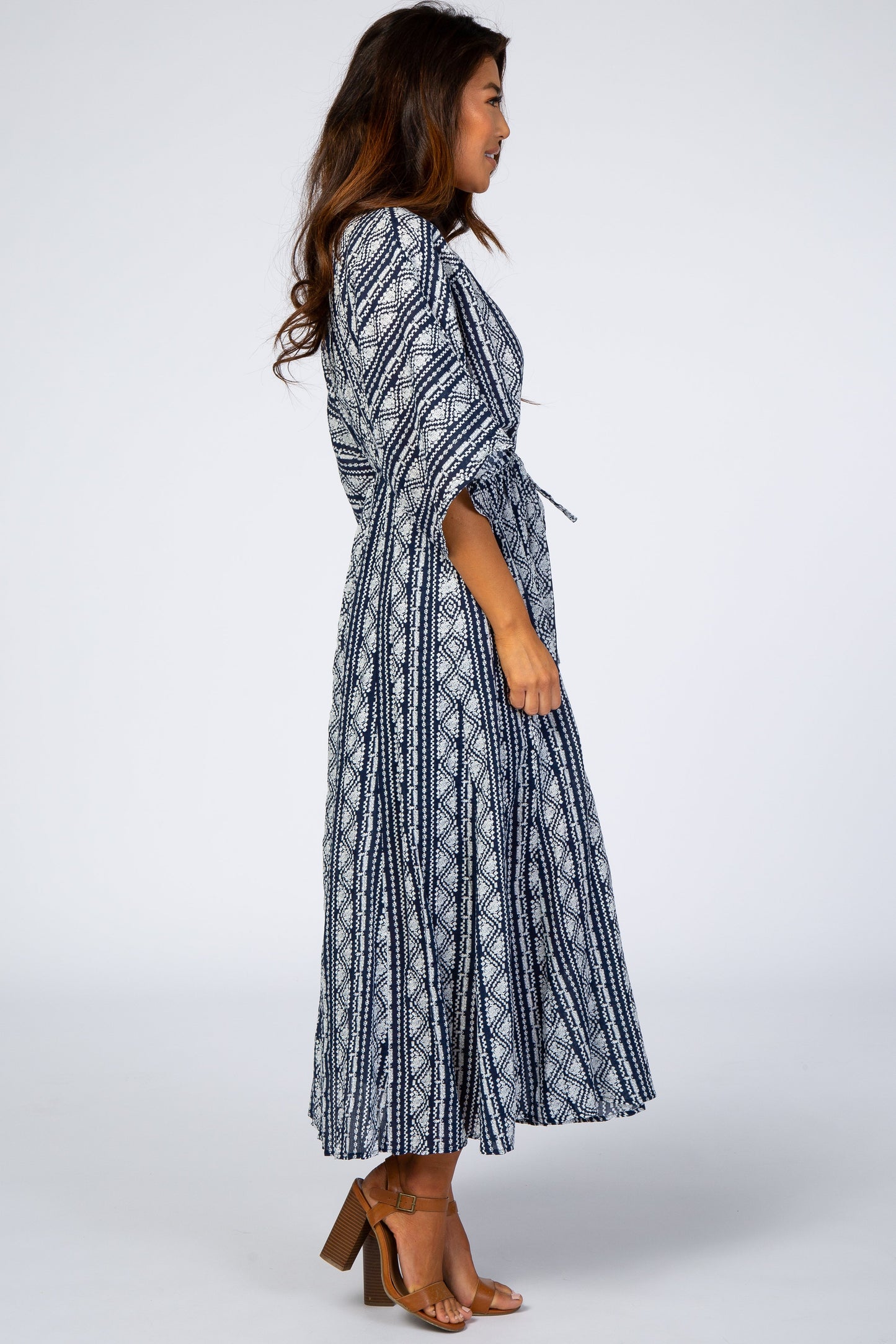 Navy Printed V-Neck Midi Dress