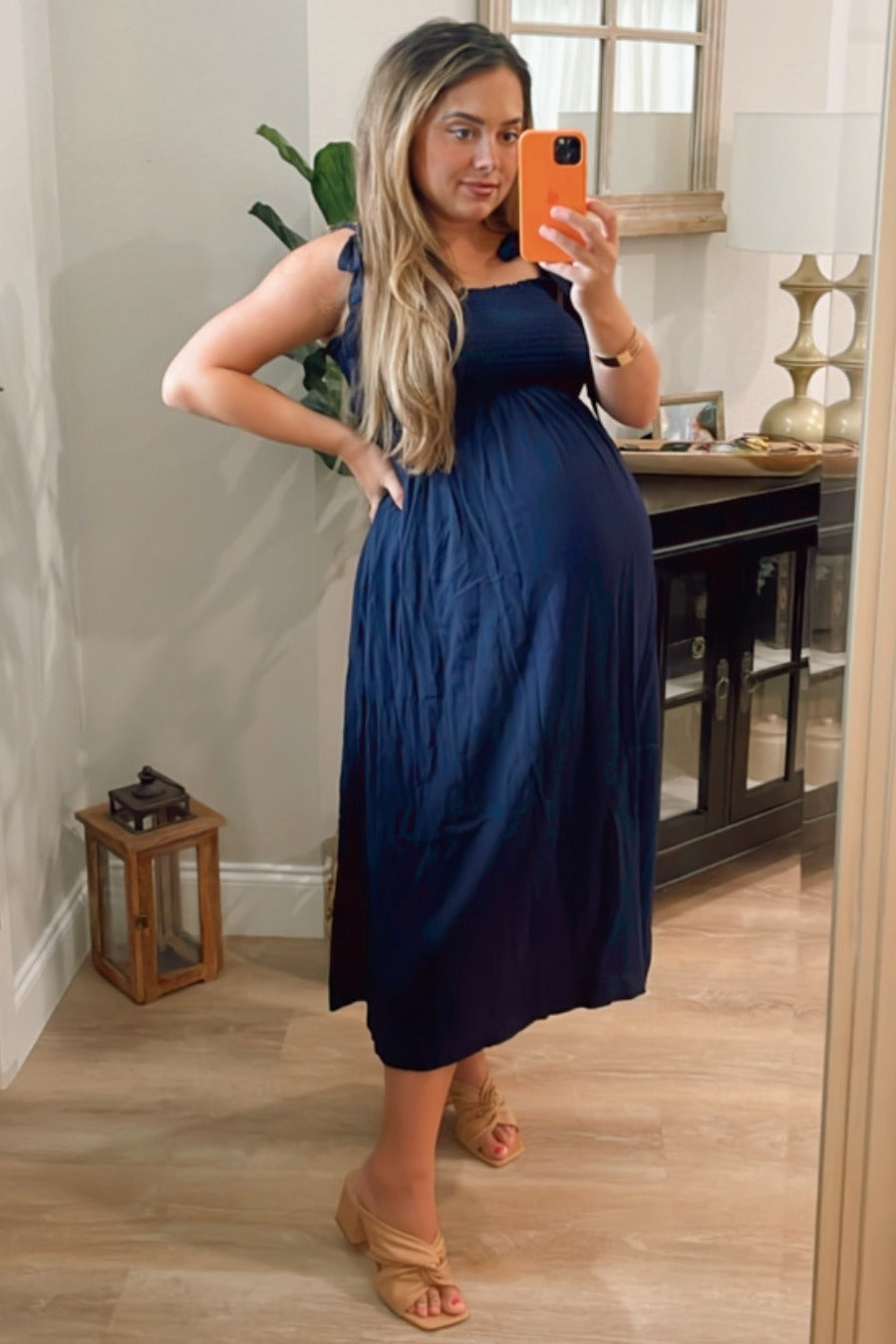 Navy Blue Smocked Tie Strap Maternity Midi Dress
