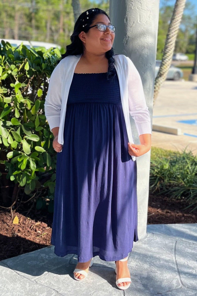 Navy Blue Smocked Tie Strap Midi Dress