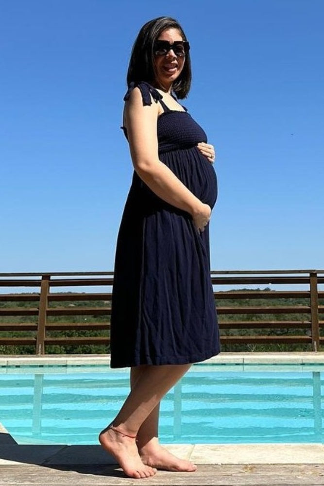 Navy Blue Smocked Tie Strap Maternity Midi Dress