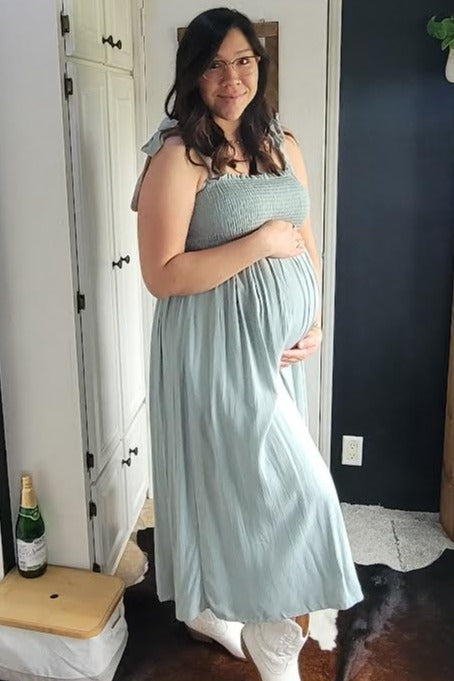 Pinkblush Mint Green Smocked Tie Strap Maternity Midi Dress Medium