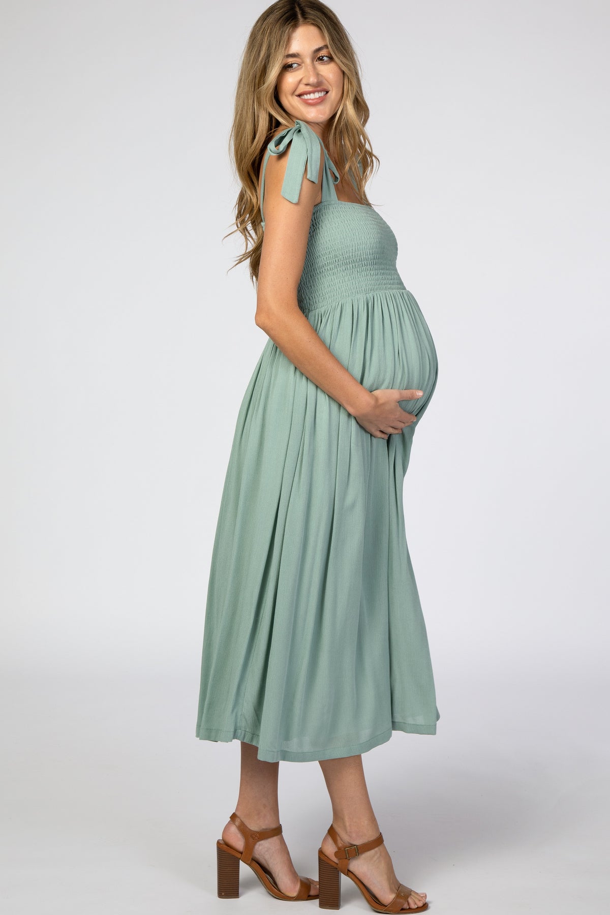 Mint Green Smocked Tie Strap Maternity Midi Dress
