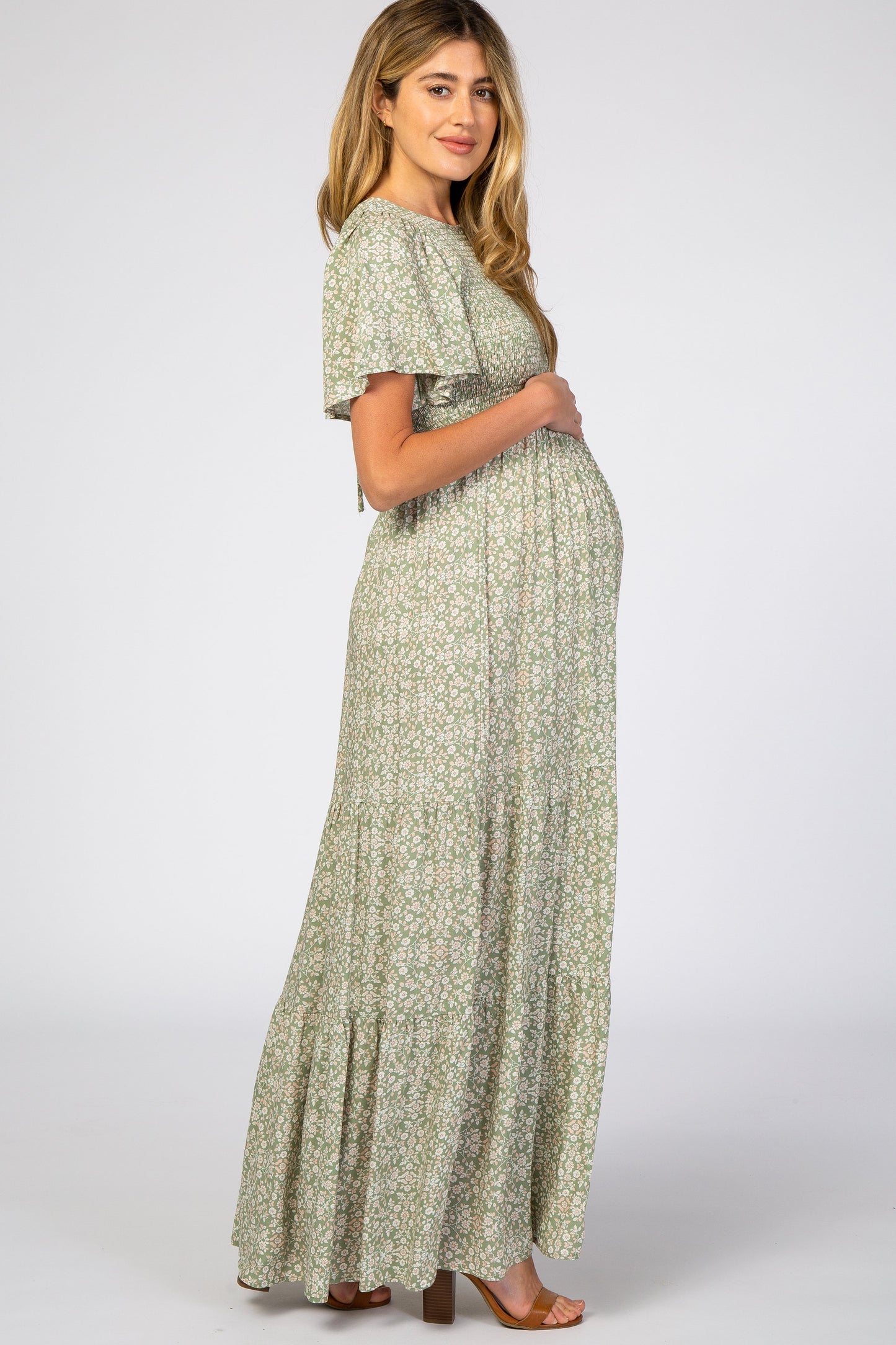 Light Olive Floral Smocked Front Pleated Hem Maternity Maxi Dress