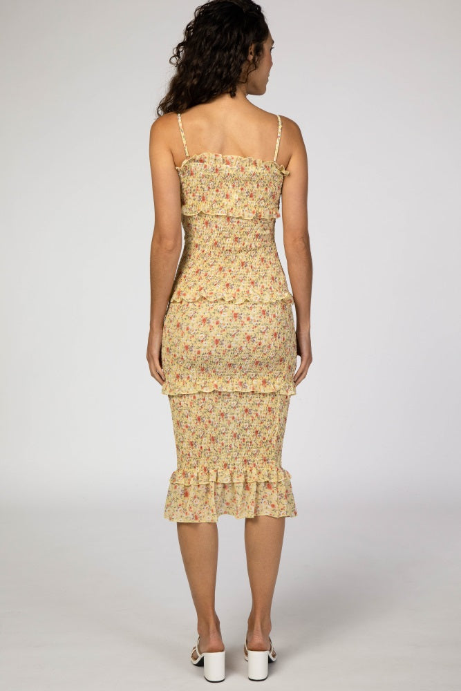 Yellow Floral Chiffon Smocked Fitted Maternity Midi Dress Yellow Floral Chiffon Smocked Fitted Maternity Midi Dress