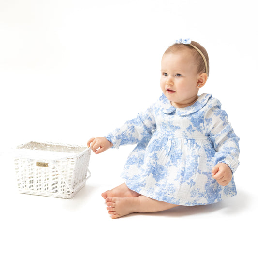 Dream Cottage Floral Blue - Long Sleeve Peter Pan Collar Bubble with Skirt