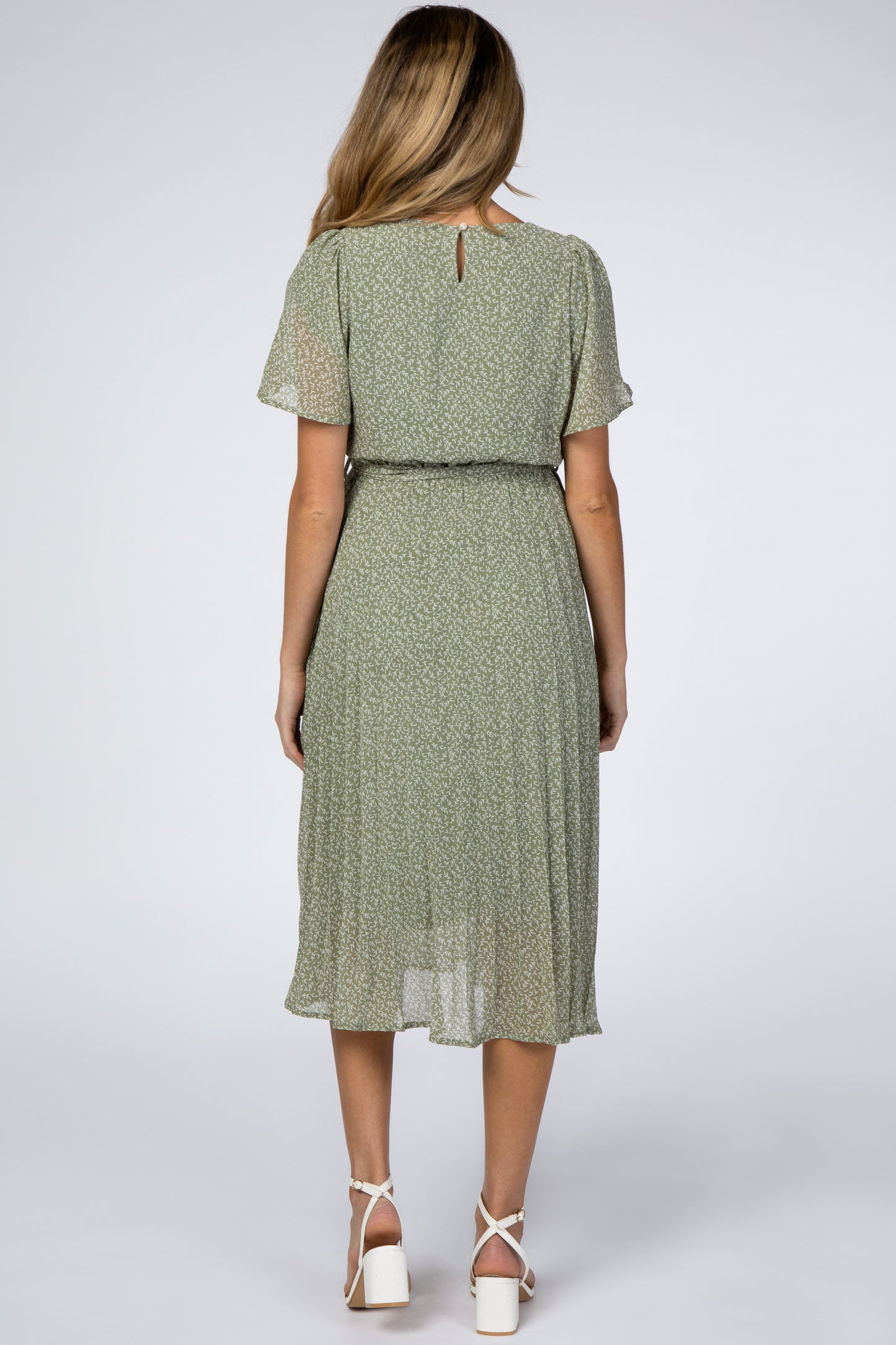 Light Olive Leaf Print Pleated Maternity Midi Dress