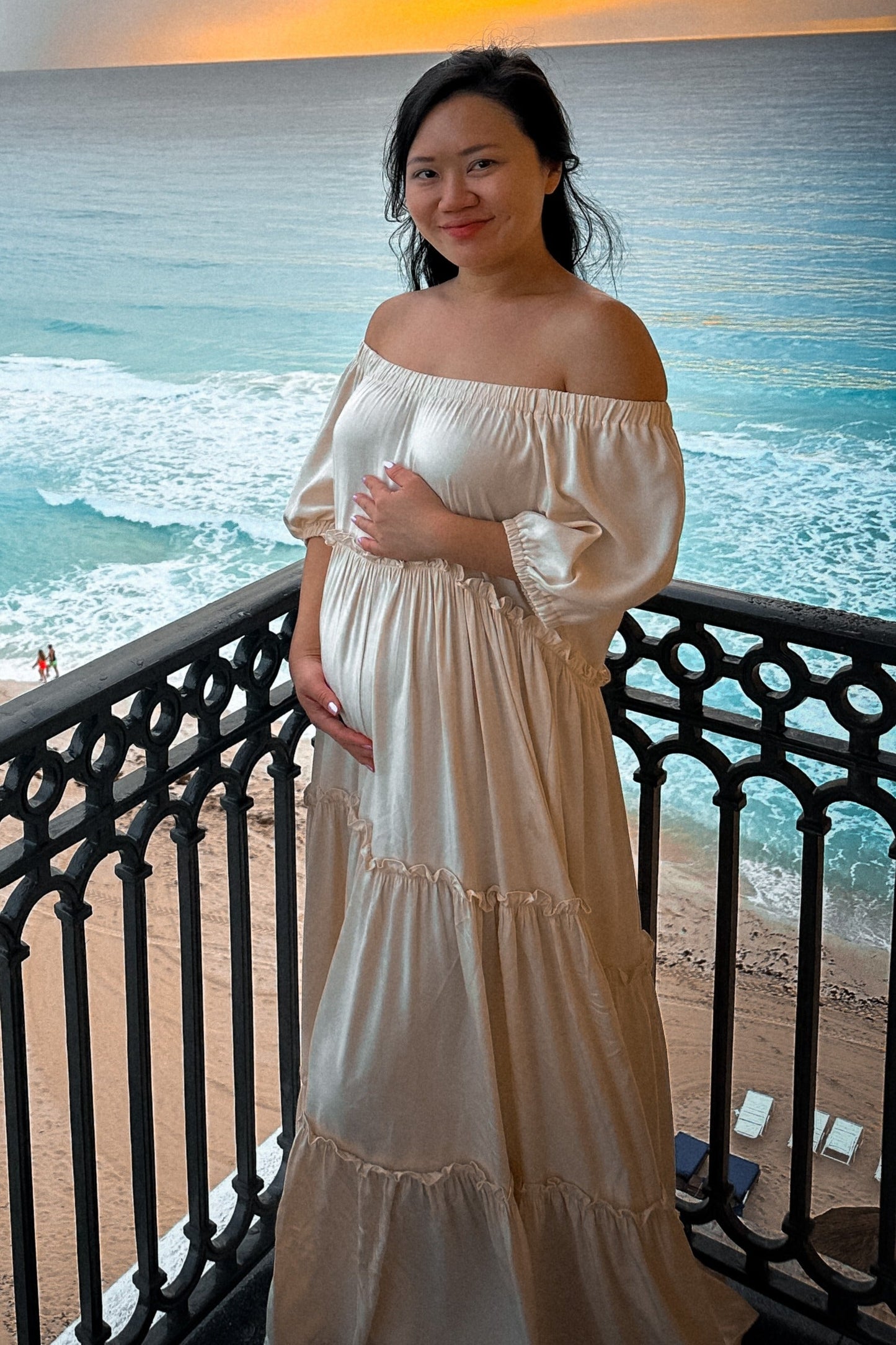 Cream Off Shoulder Ruffle Tiered Maternity Maxi Dress