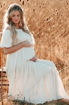 Cream Off Shoulder Ruffle Tiered Maternity Maxi Dress