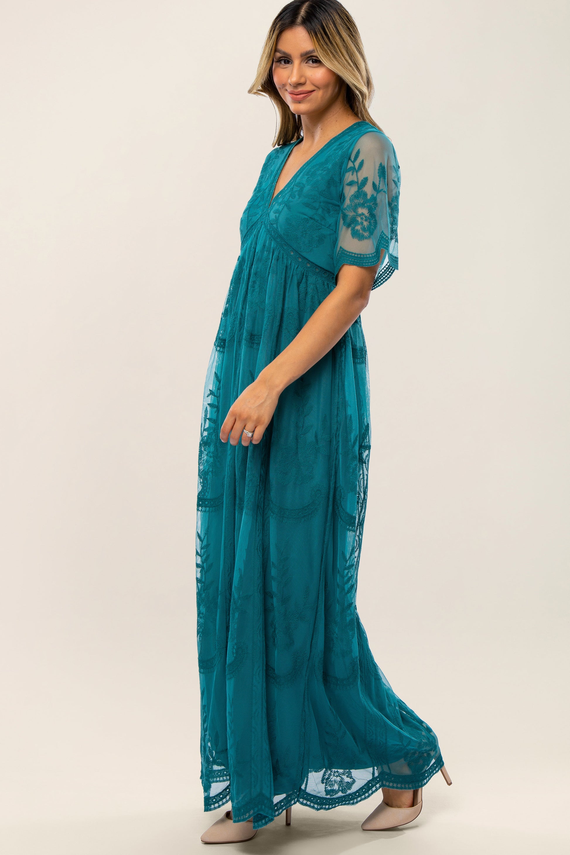 Teal Lace Mesh Overlay Maternity Maxi Dress Teal Lace Mesh Overlay Maternity Maxi Dress