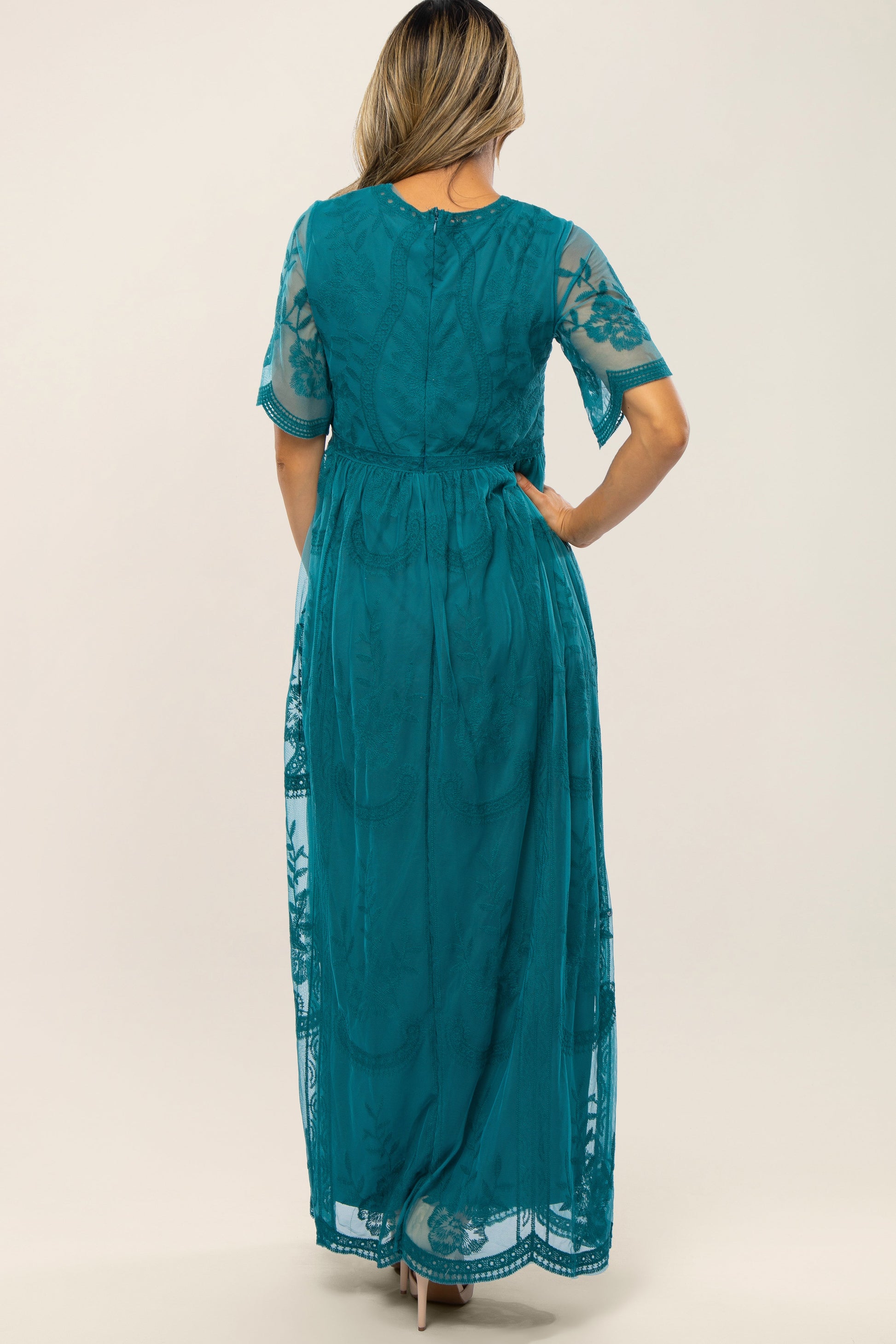 Teal Lace Mesh Overlay Maternity Maxi Dress Teal Lace Mesh Overlay Maternity Maxi Dress