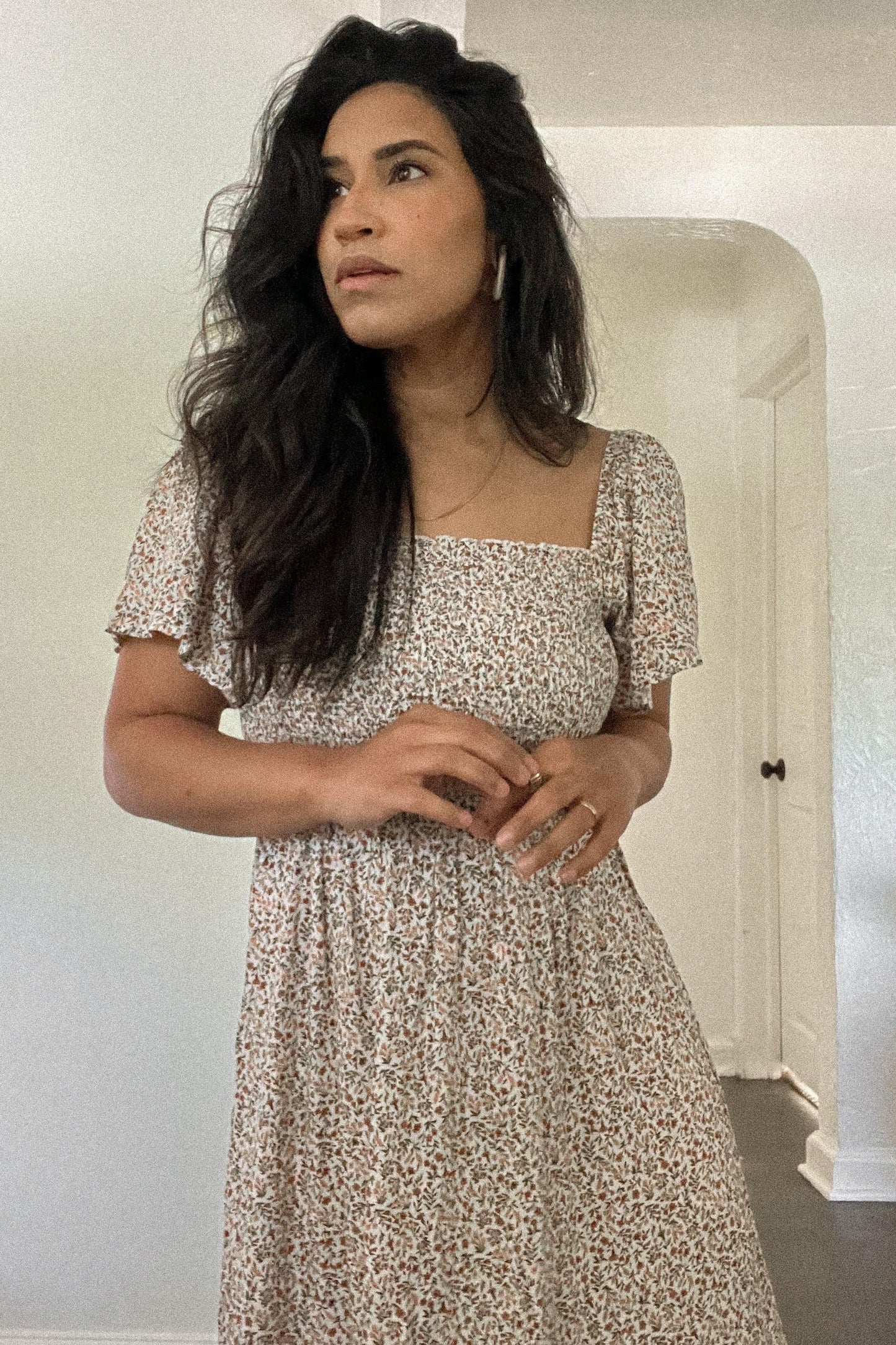 Ivory Floral Smocked Maxi Dress