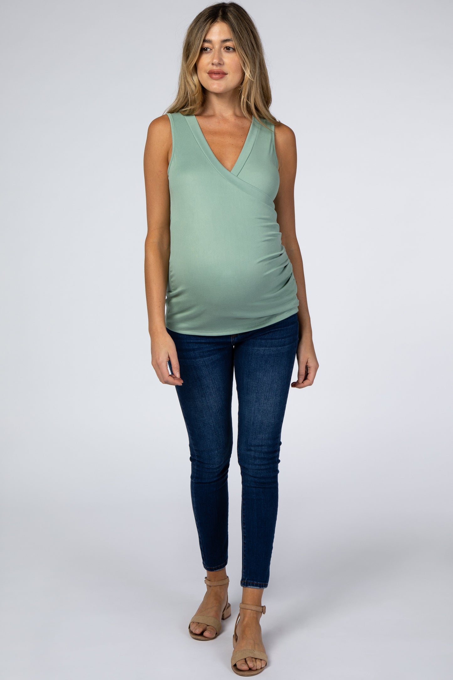 Light Olive Crossover Ruched Maternity Nursing Tank