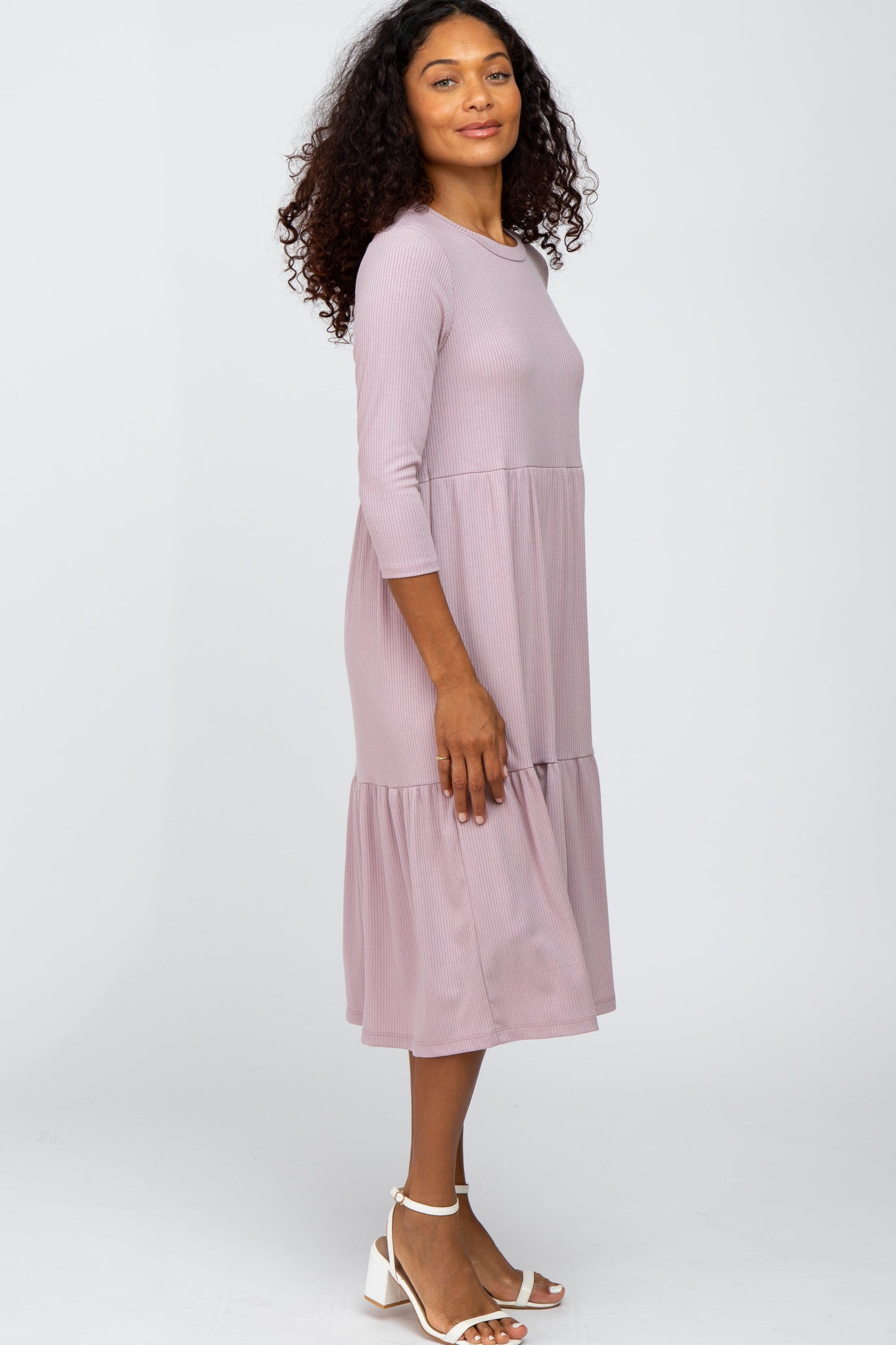 Lavender Tiered Ribbed 3/4 Sleeve Midi Dress