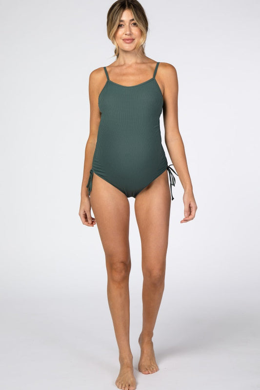 Green Ribbed Side Tie One-Piece Maternity Swimsuit