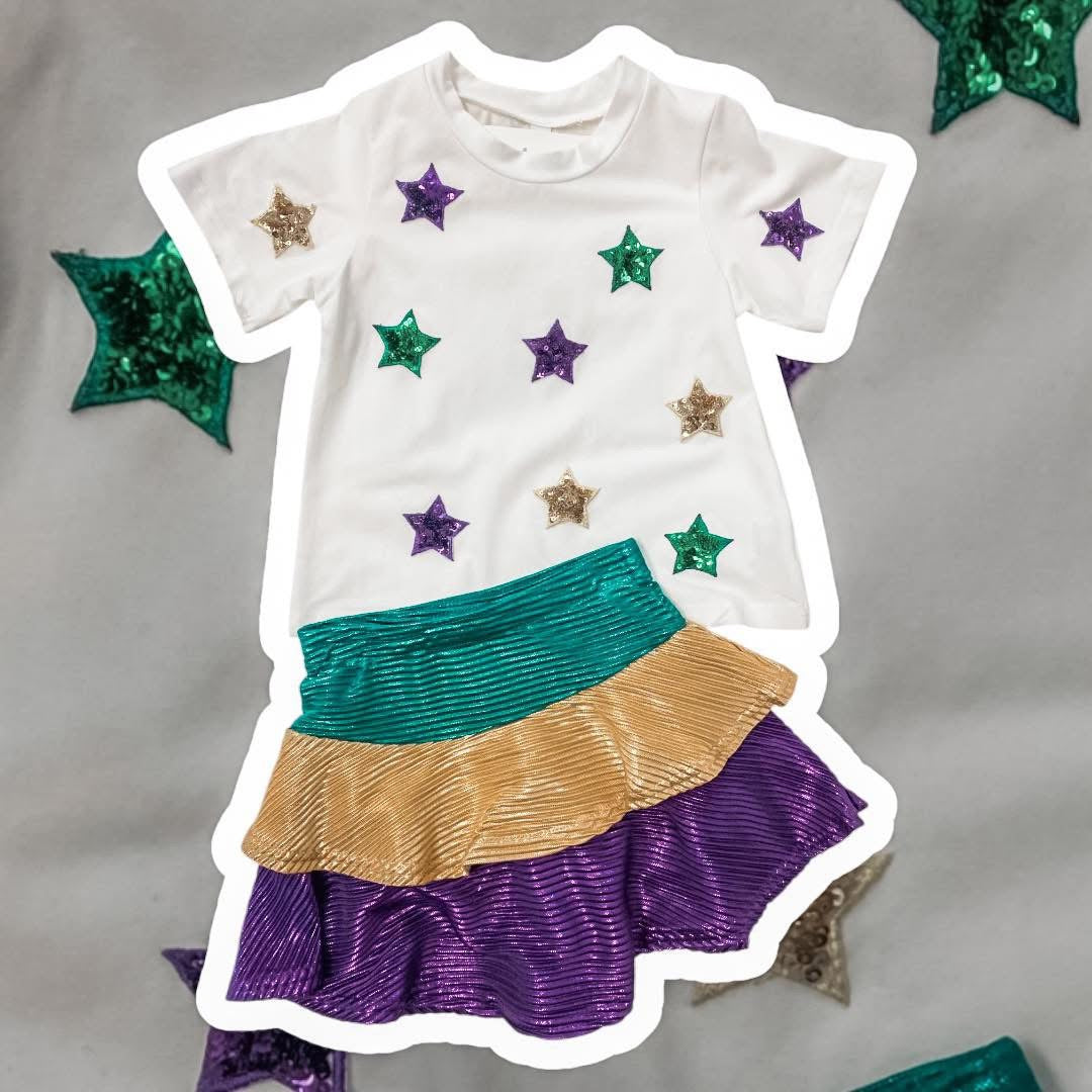 Tiered Ruffle Skort in Metallic Shimmer Mardi Gras