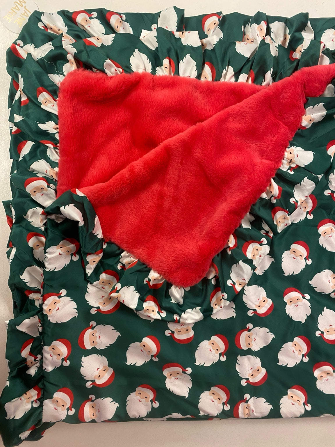 Santa Satin Ruffle Blanket — Christmas Satin Ruffle Blanket with Red Faux Fur Lining