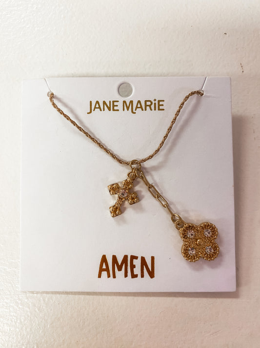 Ruth "Amen" Twist Chain Necklace – Gold with Clear Crystal Cross & Quatrefoil Charm (16" + 3" Ext)