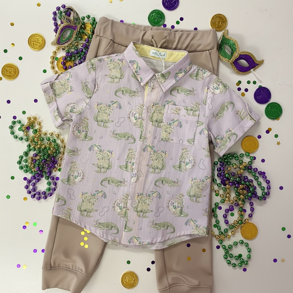 Gator Gras Mardi Gras Short Sleeve Collared Shirt