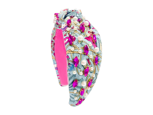 Floral Print Headband - Pink Rhinestone Blue Floral