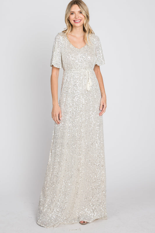 Cream Sequin Short Sleeve Maxi Dress