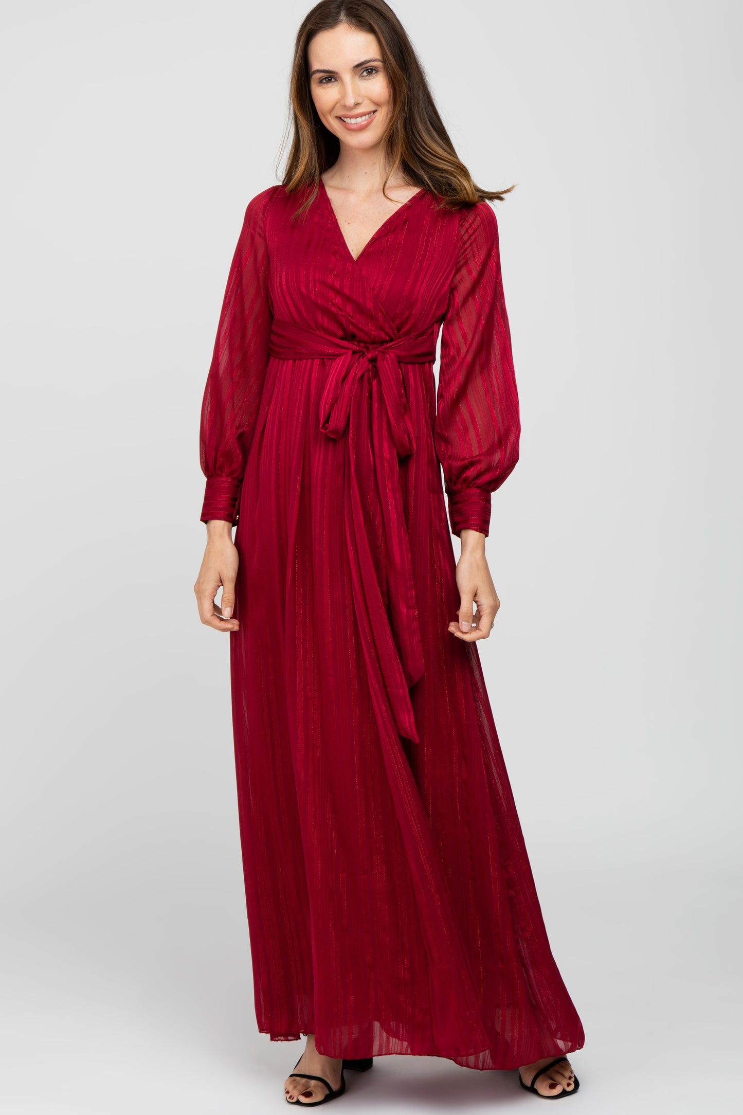 Burgundy Metallic Striped Chiffon Maxi Dress