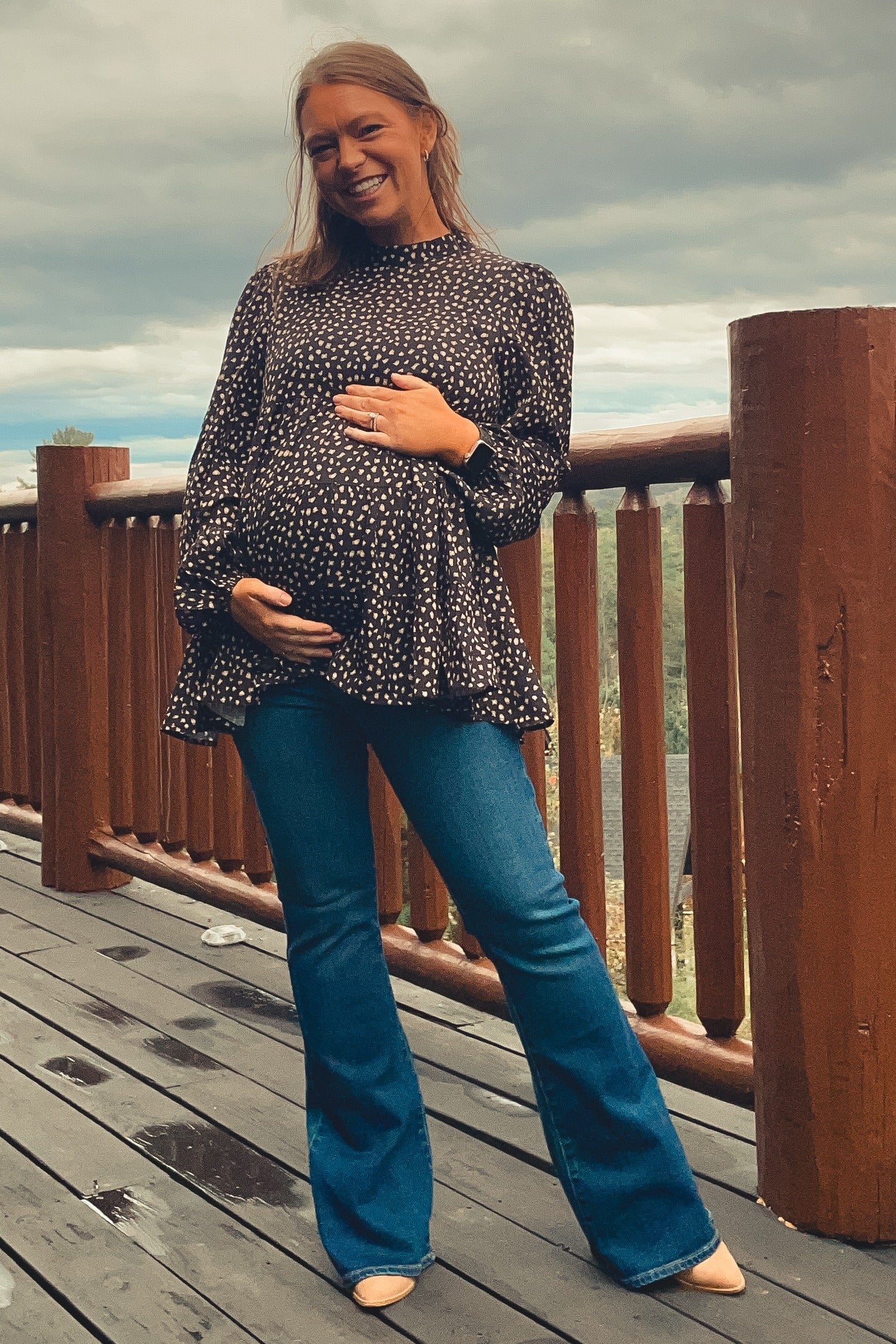 Black Animal Print Mock Neck Tiered Maternity Top