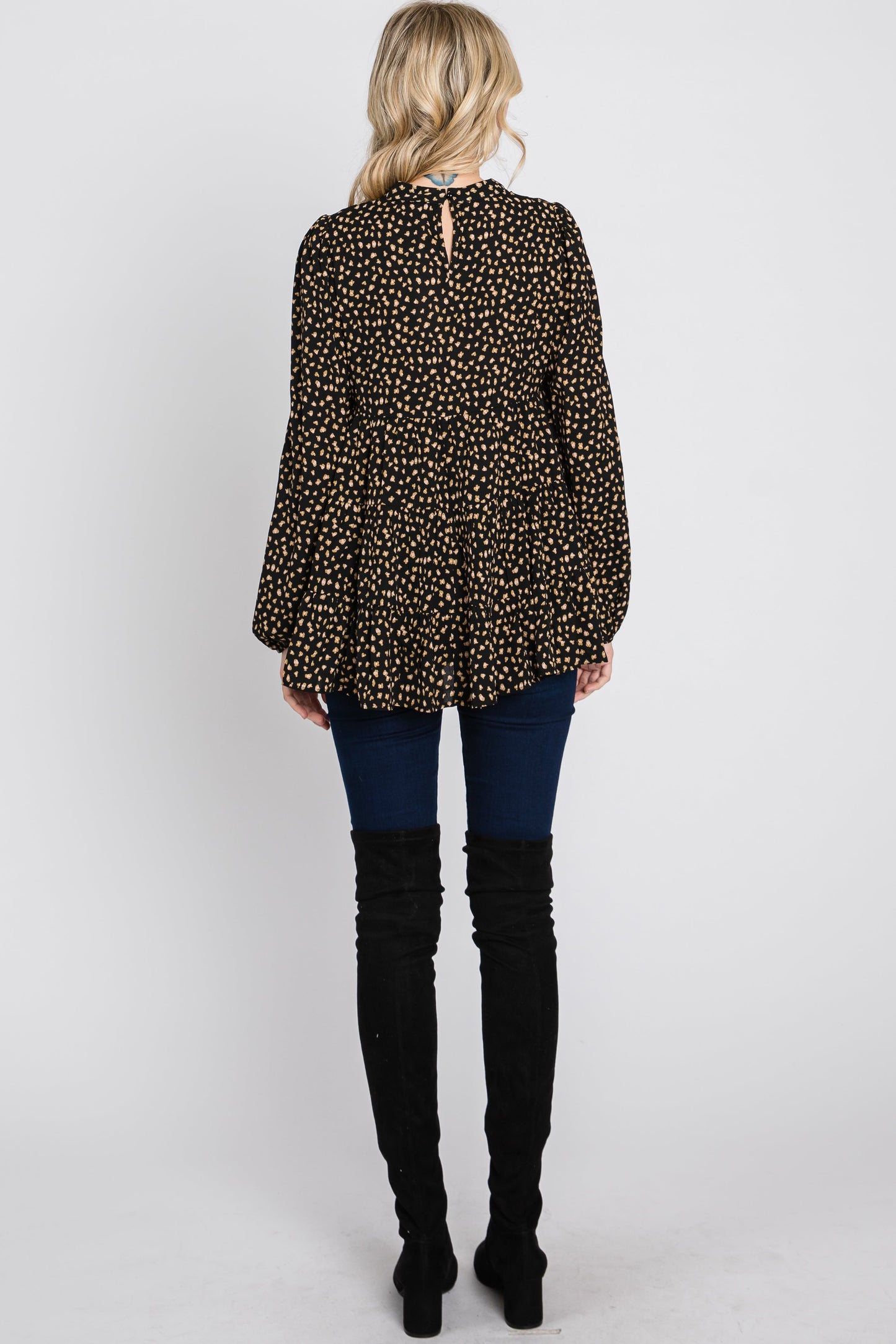 Black Animal Print Mock Neck Tiered Top