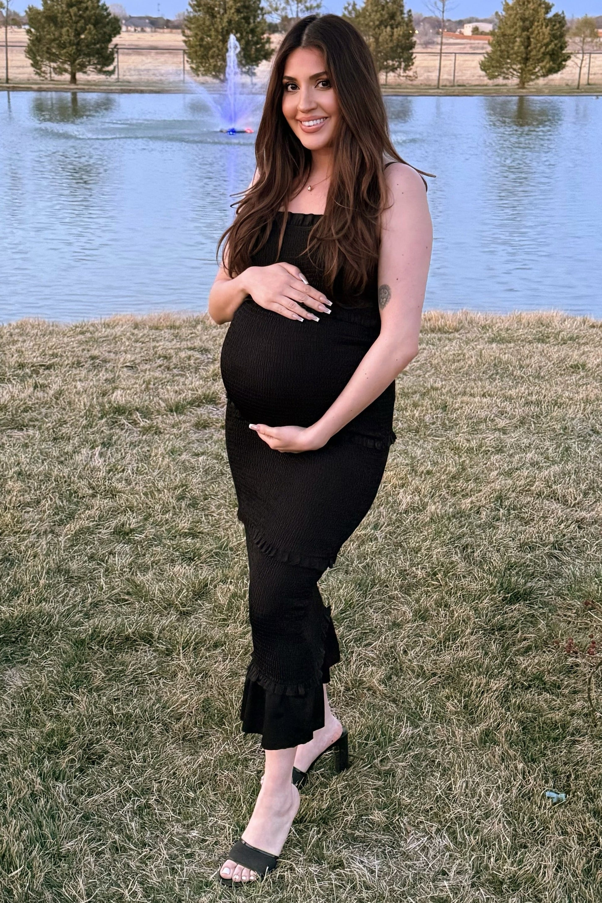 Black Satin Smocked Fitted Maternity Midi Dress The Prissy Pelican Black Satin Smocked Fitted Maternity Midi Dress The Prissy Pelican