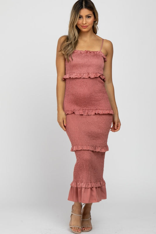 Mauve Satin Smocked Fitted Midi Dress