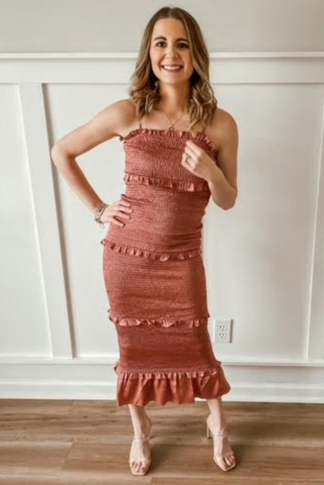 Mauve Satin Smocked Fitted Midi Dress