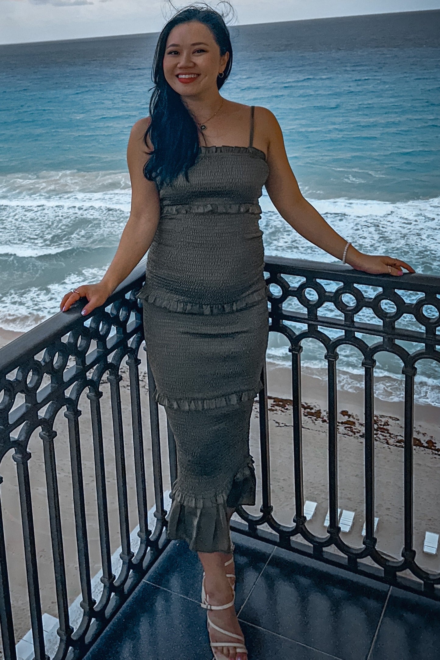 Olive Satin Smocked Fitted Maternity Midi Dress