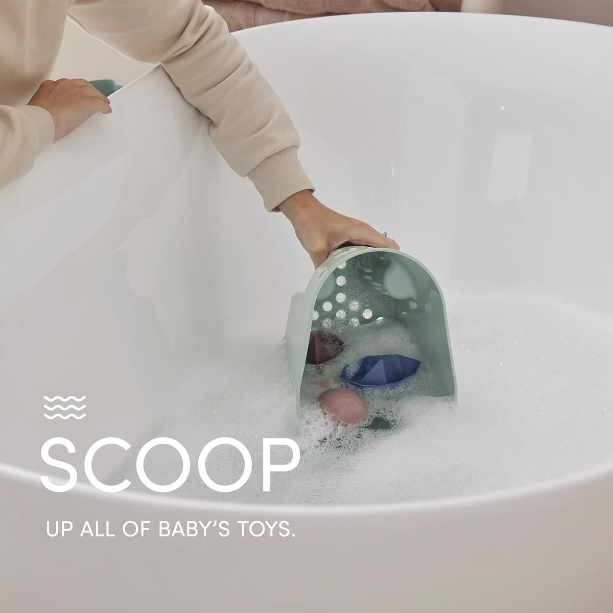 Baby Bathtime Essentials Bundle | Newborn Baby Bath with Support, Rinse Jug, and Ellie Bath Toy Scoop - Taupe