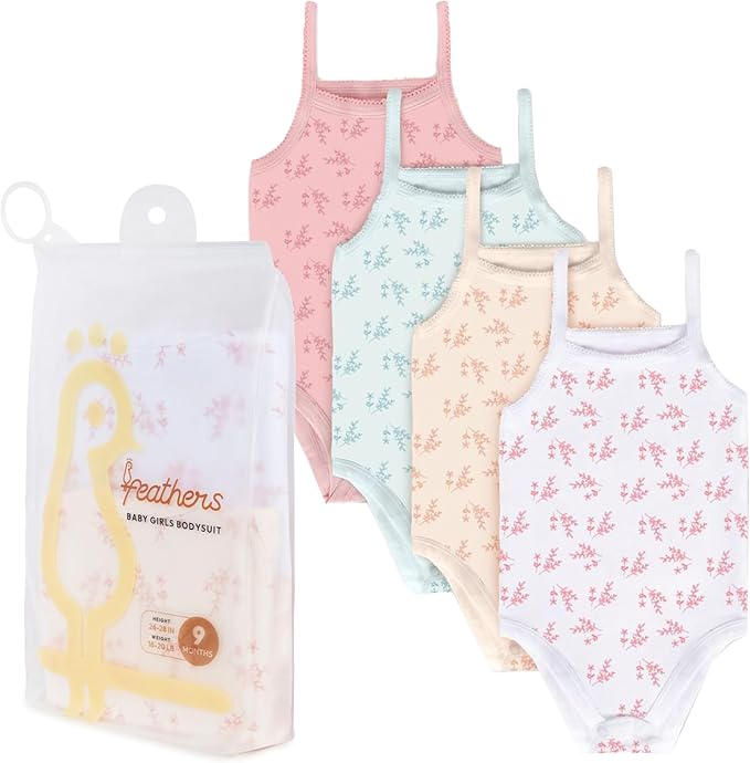 Feathers Leafy Style Tank Top Bodysuits Baby Girl Undershirts – Super Soft One-Piece for Toddler (4 Pack)