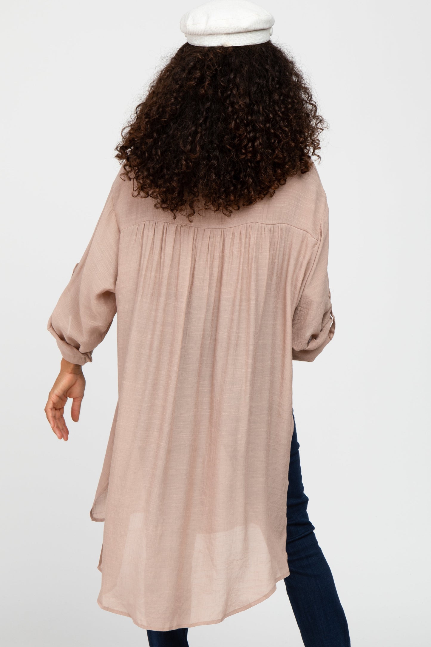 Taupe Button Front Side Slit Oversized Blouse