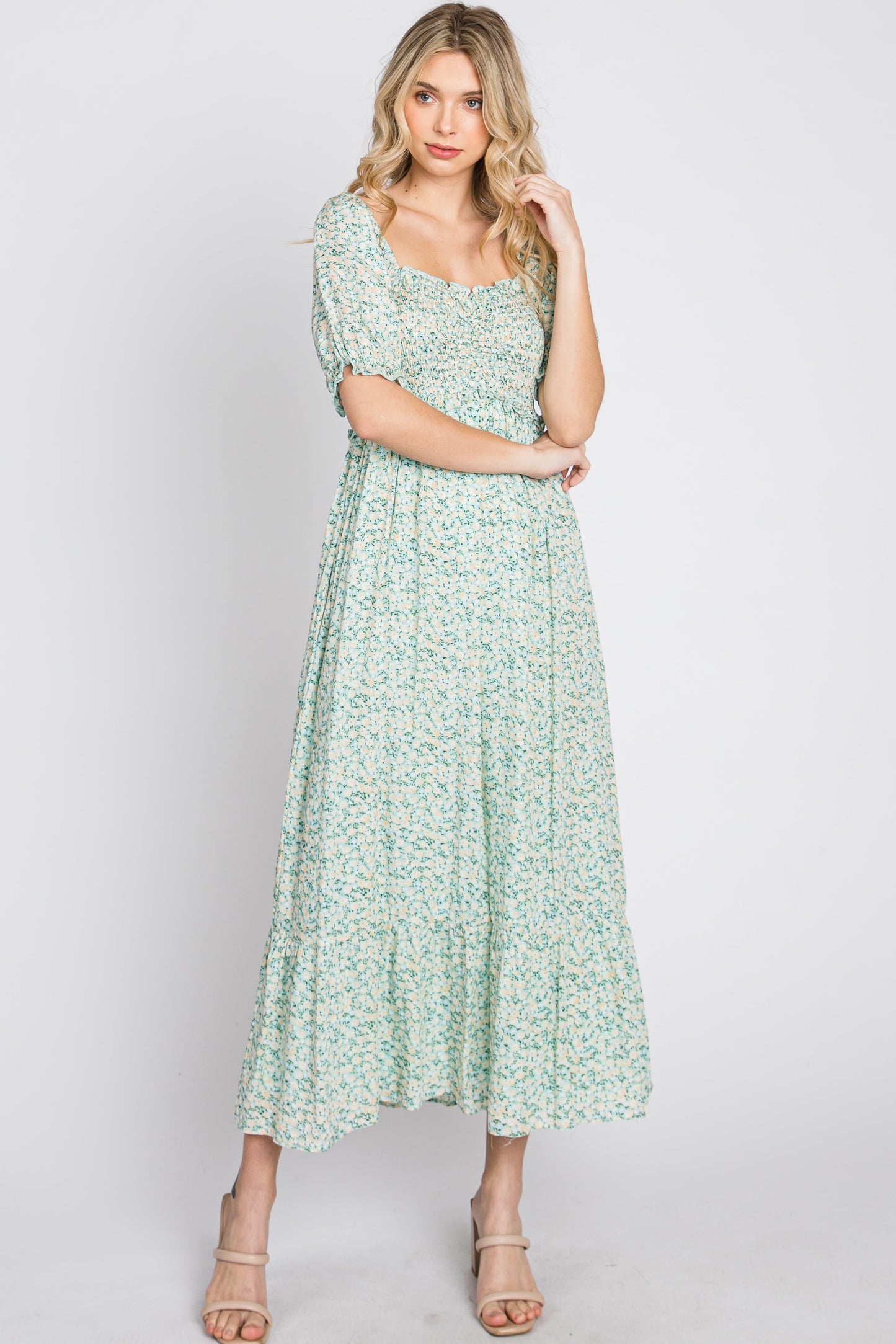 Mint Floral Sweetheart Neck Midi Dress
