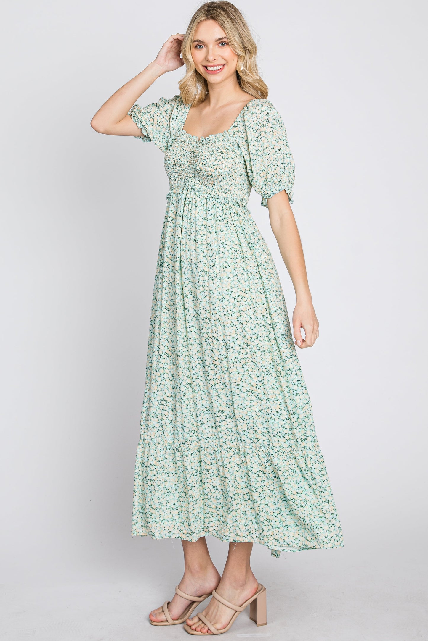 Mint Floral Sweetheart Neck Midi Dress