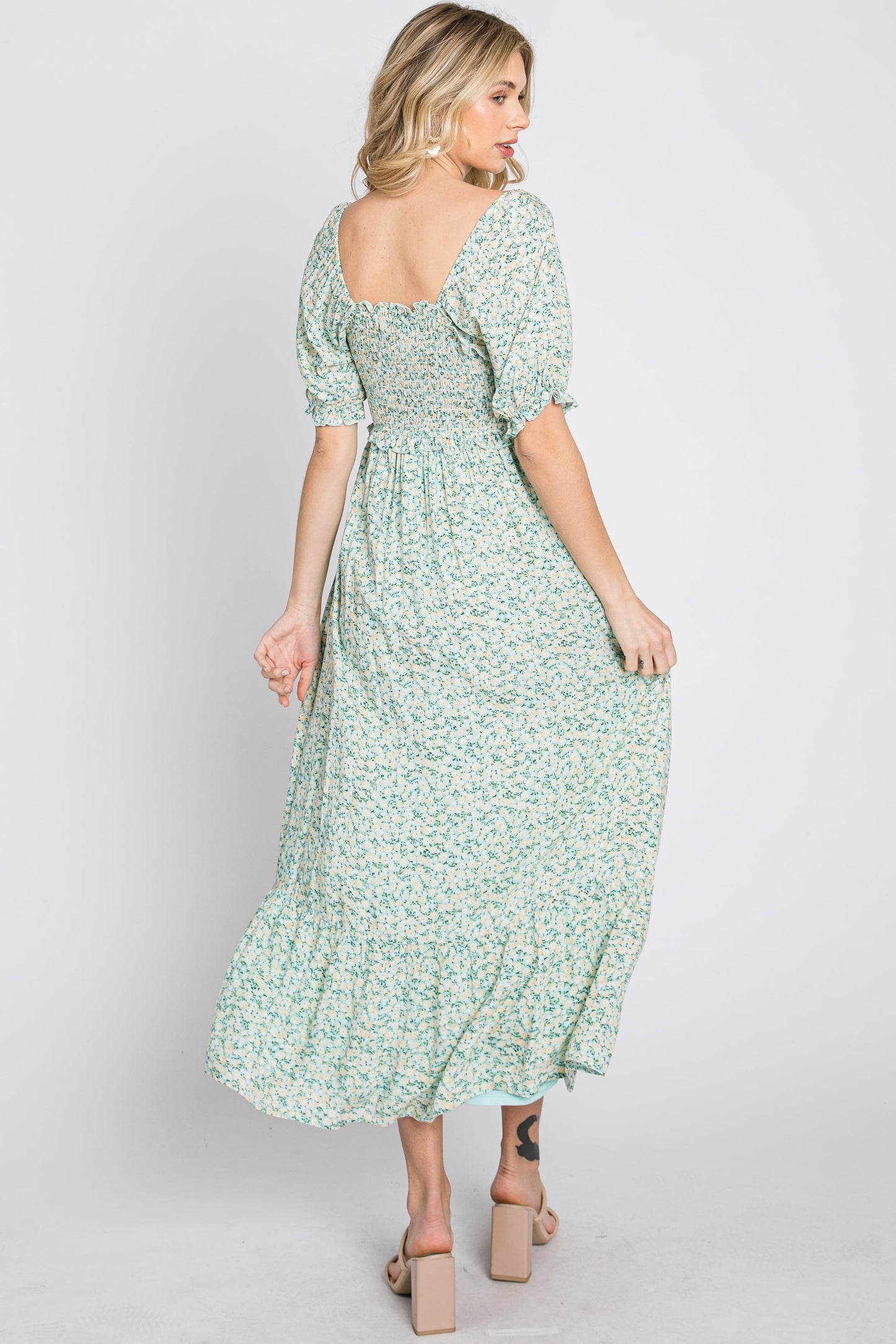 Mint Floral Sweetheart Neck Midi Dress