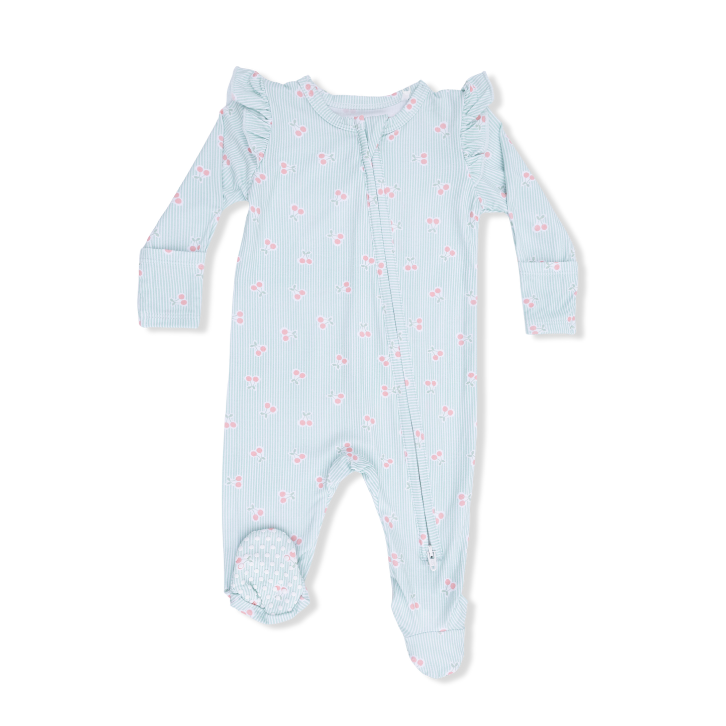Tiny Cherry Stripe - 2 Way Ruffle Sleeve Zipper Footie