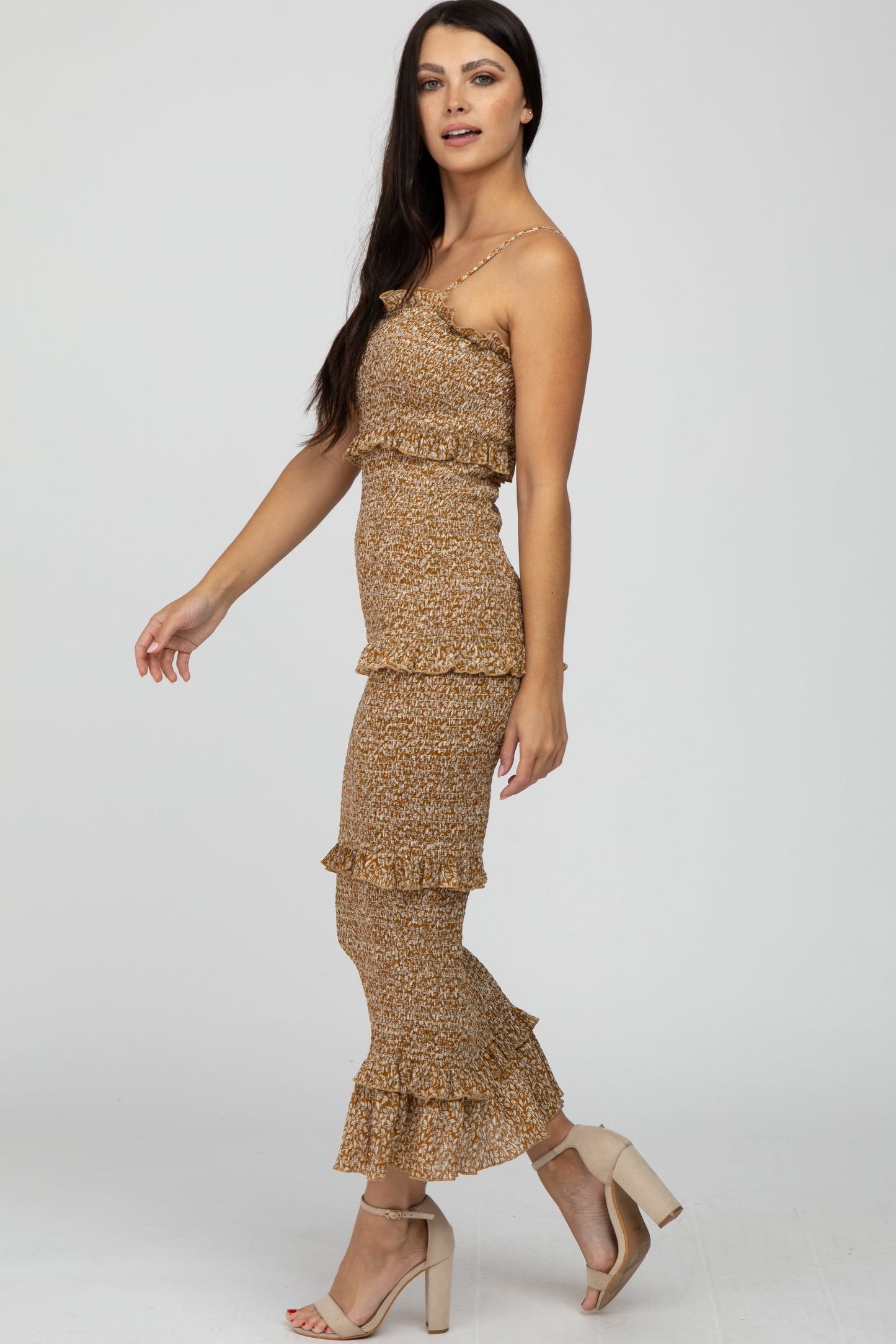 Mustard Leaf Print Smocked Fitted Midi Dress