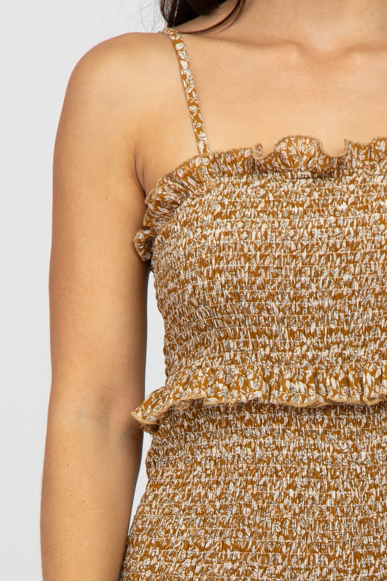 Mustard Leaf Print Smocked Fitted Midi Dress