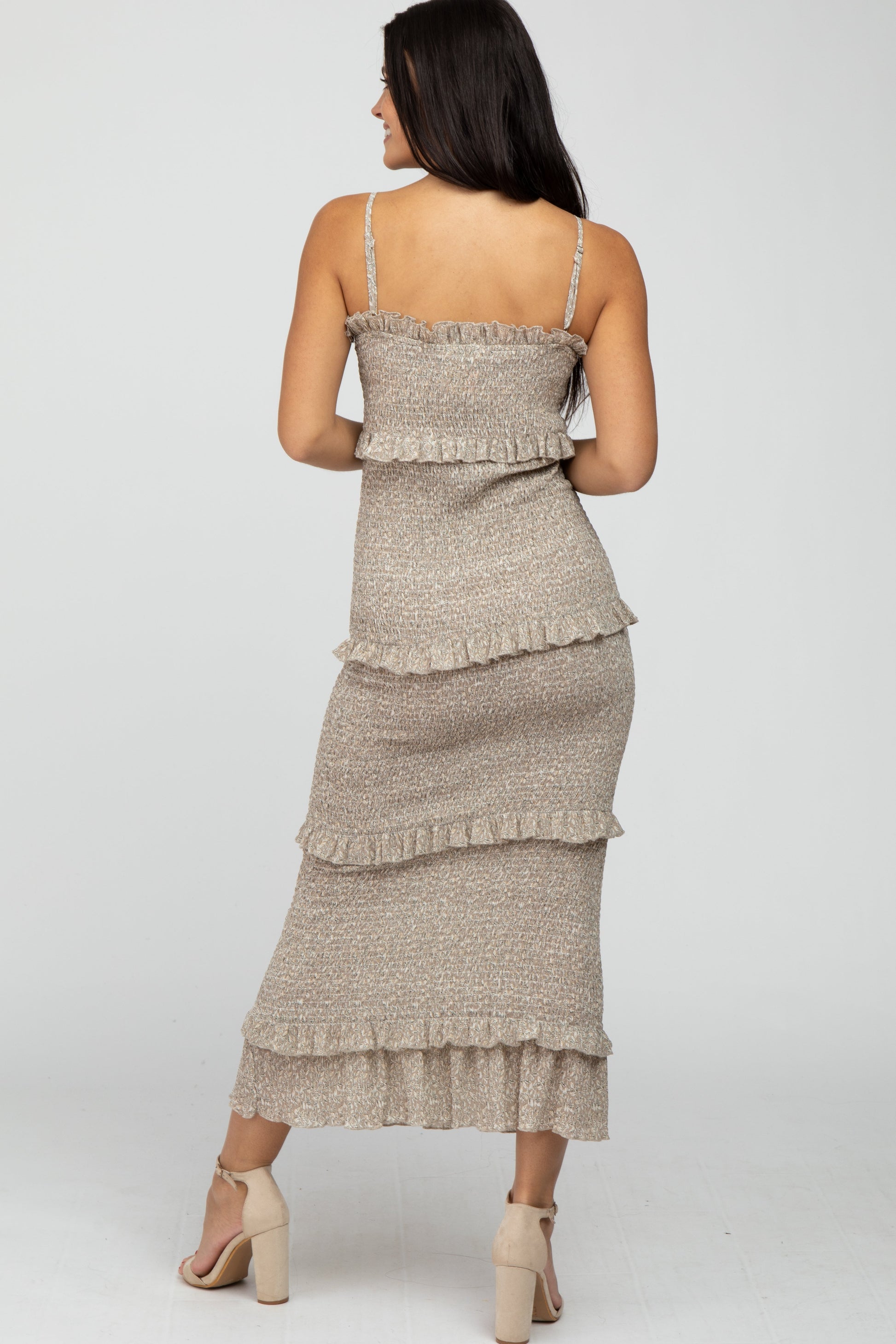 Taupe Leaf Print Smocked Fitted Maternity Midi Dress Taupe Leaf Print Smocked Fitted Maternity Midi Dress