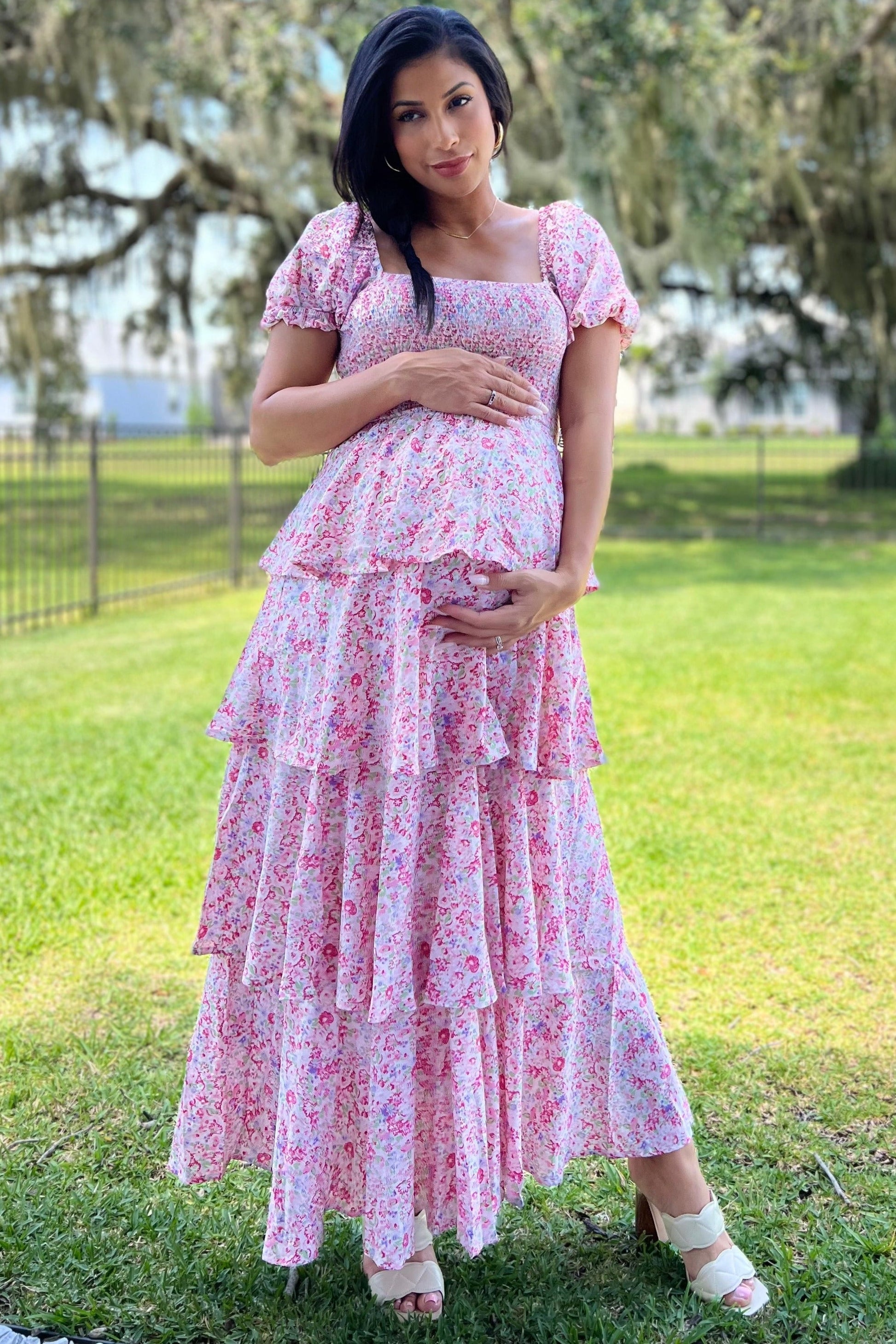 chinese dress ladies Pink Floral Square Neck Ruffle Layered Maternity Maxi Dress – The Prissy  Pelican