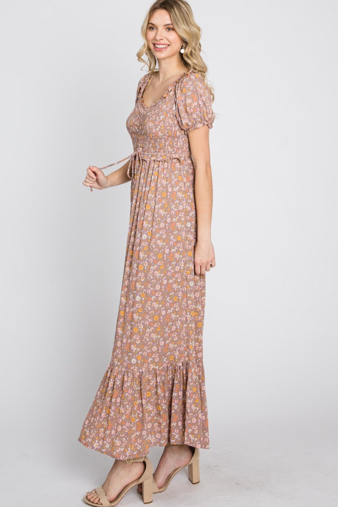 Lavender Floral Sweetheart Neck Off Shoulder Maxi Dress