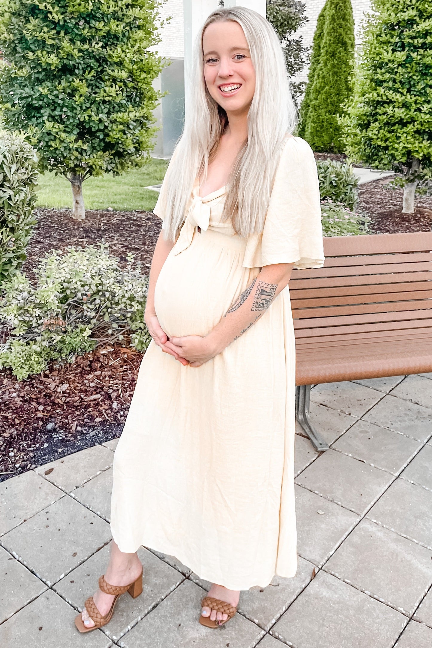 Beige Front Tie Ruffle Sleeve Maternity Midi Dress