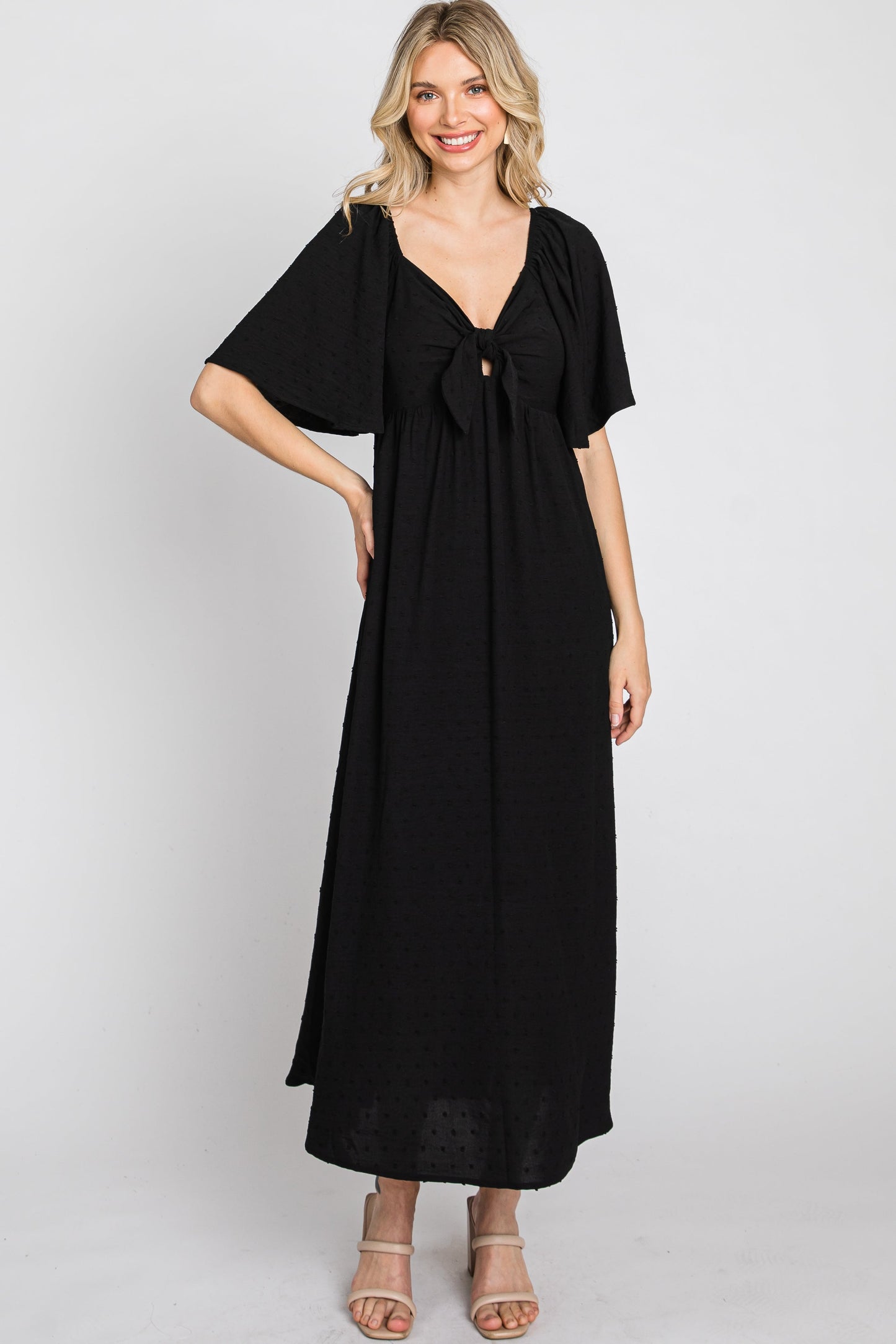 Black Textured Dot Front Tie Ruffle Sleeve Midi Dress