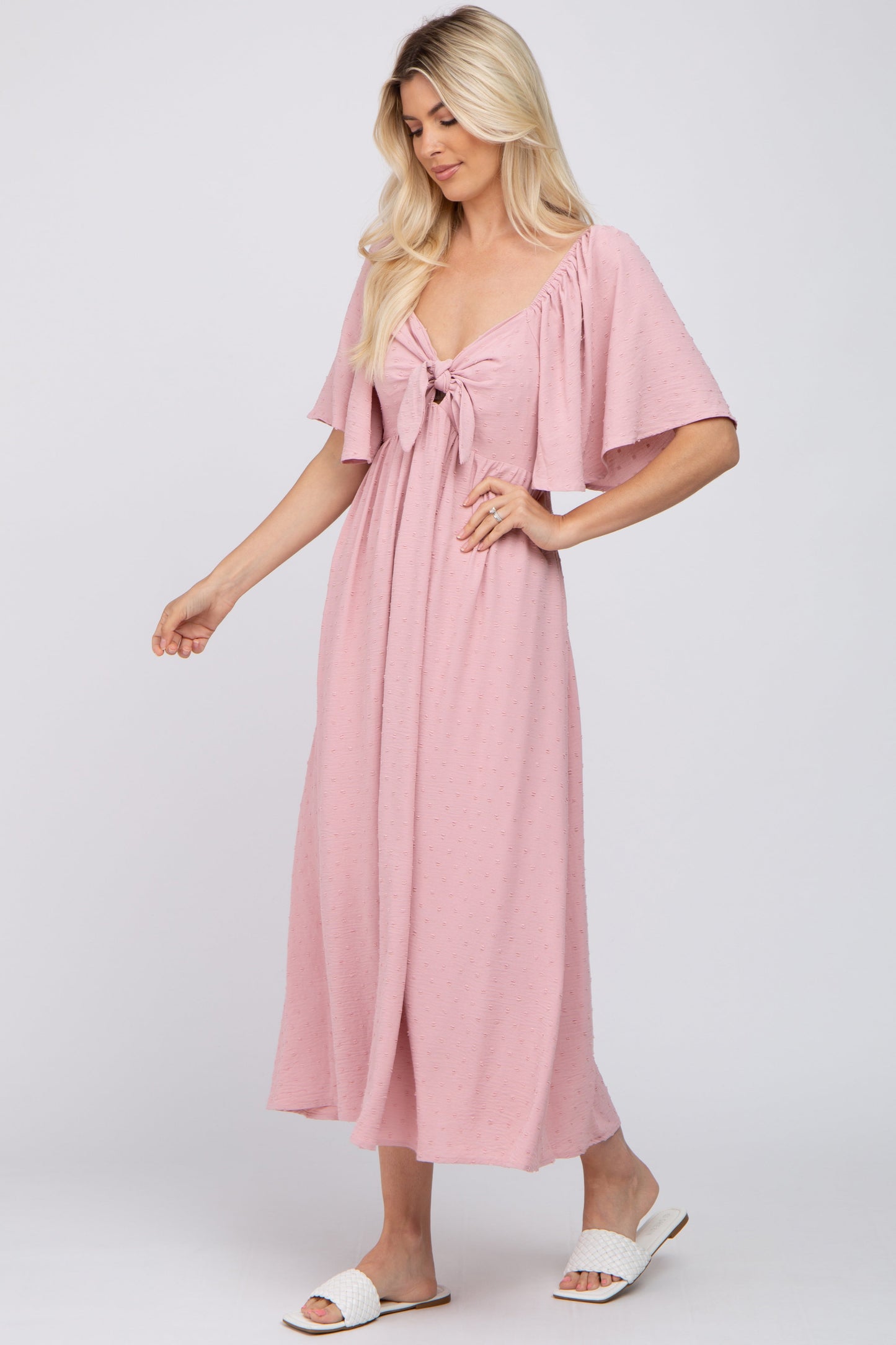 Mauve Textured Dot Front Tie Ruffle Sleeve Midi Dress