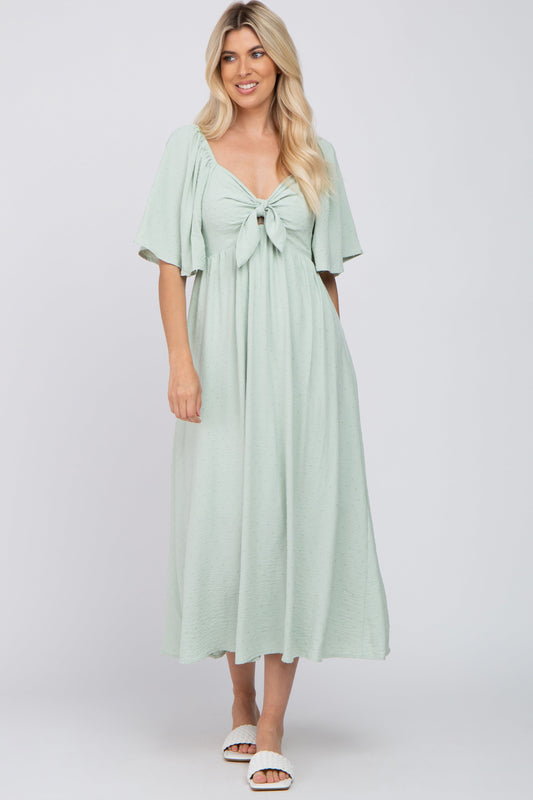 Mint Green Textured Dot Front Tie Ruffle Sleeve Midi Dress