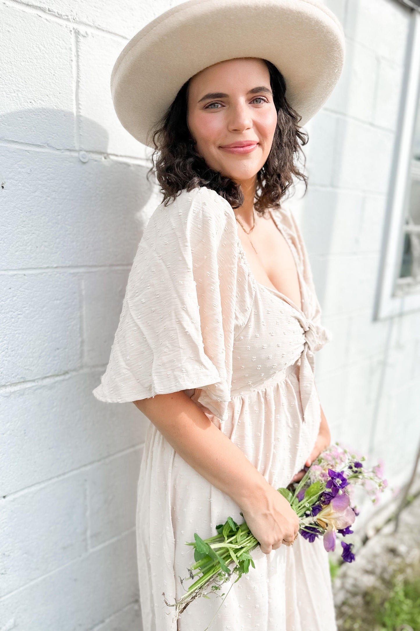 Beige Textured Dot Front Tie Ruffle Sleeve Maternity Midi Dress